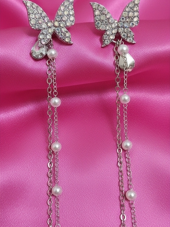 Jewelry - Crystal Butterfly Drop Earrings with Pearls - Silver-tone